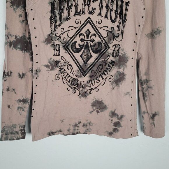 Affliction American Customs Harlow Long Sleeve Top Cutout Studded Tan Size M - Picture 4 of 12